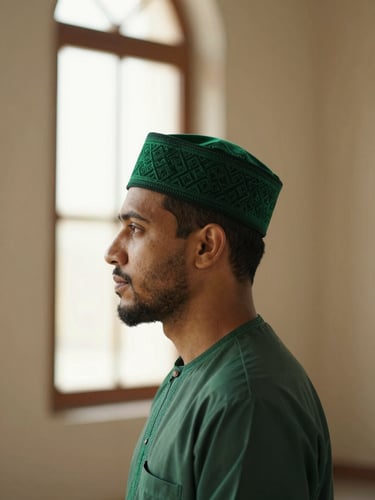 Dignified side-profile portrait of a Muslim man wearing a structured deep emerald cap in soft mosque window light, warm editorial photography, rich sand tones, shallow depth of field, 50mm lens