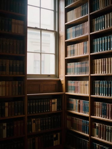 A quiet historic library interior with towering wooden shelves filled with classic volumes, soft natural light streaming through a tall window, creating long shadows