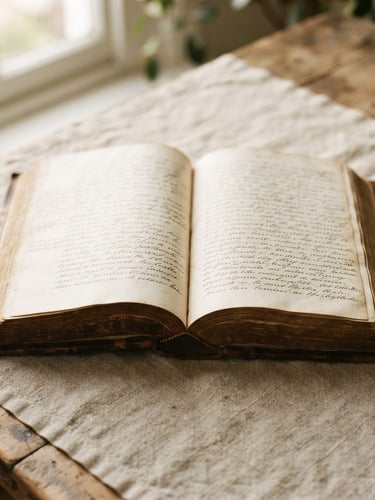 Warm editorial photography of an open classic leather-bound book on a textured linen paper surface, soft natural window light casting gentle shadows, shallow depth of field
