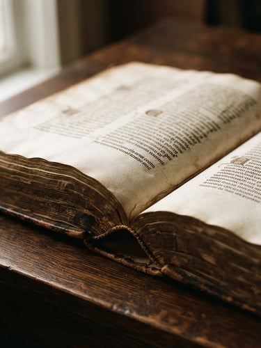 Close-up of a classic leather-bound theological volume open on a dark wooden desk, soft natural window light, visible paper texture, warm earth tones, shallow depth of field