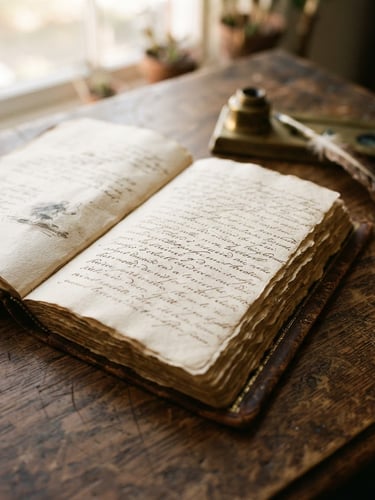 Close-up of an open classic leather-bound book on a dark wooden desk, warm natural window light highlighting the textured paper and elegant typography, shallow depth of field.