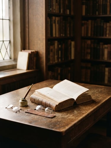 A quiet, historic library desk with an open classic book, soft natural window light casting long shadows, warm editorial photography, 35mm film texture.