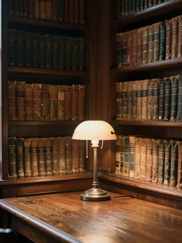 A quiet historic library corner with dark oak bookshelves filled with old volumes, a single reading lamp casting a warm glow on a wooden table, cozy and scholarly atmosphere.