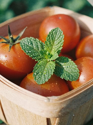 Macro close-up of vibrant dew-kissed mint leaves and heirloom tomatoes in a rustic wooden basket, bright natural morning sunlight, 35mm film