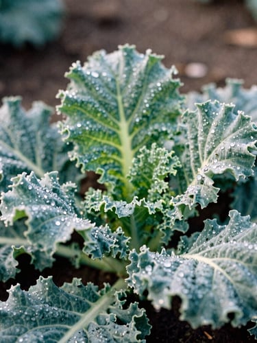 Macro close-up of dew-kissed organic kale leaves in bright morning sunlight, rich dark soil visible in the background, 35mm film style.