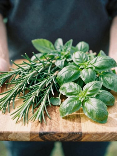 Hands holding a rustic wooden board overflowing with freshly cut culinary herbs like rosemary and basil, soft morning sunlight, 35mm film