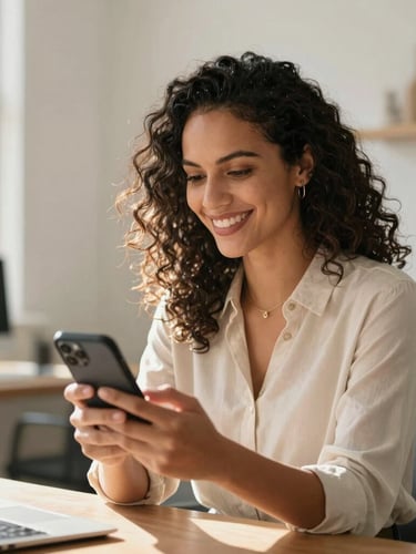 Portrait shot of a modern Brazilian female entrepreneur inside her bright home office, smiling while looking at her phone, warm sunlight, clean workspace background