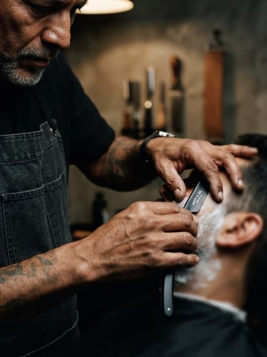 Retrato de un barbero maestro en un estudio minimalista, manos enfocadas en una maquinilla de afeitar mate-negra, iluminación direccional dramática, tonos cálidos y grises.