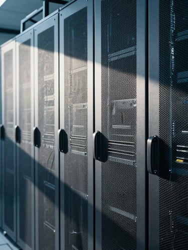 Crisp architectural photography of a modern server room, cool blue daylight casting sharp shadows on metallic server racks, 35mm