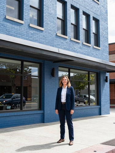 Approachable local insurance agent standing outside a modern brick office on Front Street in downtown Boise, bright natural daylight, clean blue tones.