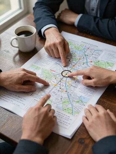 Close overhead view of a strategy session in progress — hands pointing at printed maps and handwritten notes spread across a dark wooden table, a ceramic coffee cup leaving a ring on the paper, north-facing daylight from a window to the left casting soft directional shadows, no faces visible