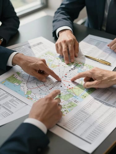 Close overhead view of a strategy session — hands pointing at annotated maps and printed market reports spread across a dark table, a single gold pen resting at the edge, north-facing daylight from a tall window casting soft directional shadows