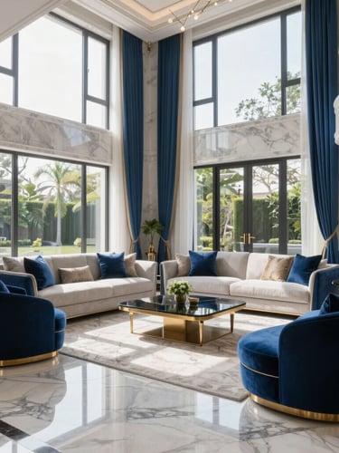 A luxurious modern villa living room with polished marble floors reflecting soft light, elegant royal blue and gold accents, bright natural daylight streaming through large windows, 35mm architectural photography.