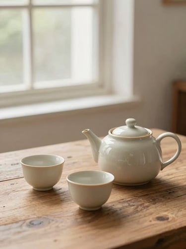 A warm domestic interior, soft natural window light, a ceramic teapot and two matching cups on a rustic wooden table, shallow depth of field