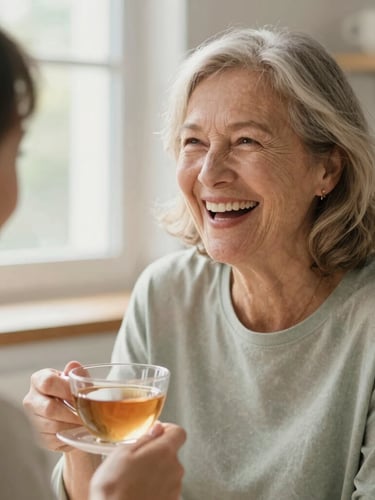 A warm-toned close-up of an older woman laughing with a companion over a cup of tea in a sunlit kitchen, soft natural window light, 35mm