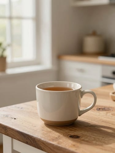 A warm domestic kitchen interior bathed in soft window light, a ceramic mug of tea resting on a rustic wooden table, shallow depth of field, 35mm