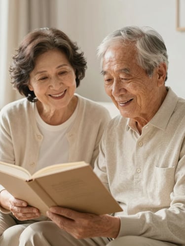 An older adult and a companion smiling together while looking at a book in a sunlit living room, warm editorial photography, soft cream tones, shallow depth of field