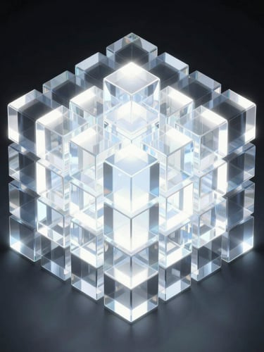 Isometric 3d render of glowing glass-morphic blocks of light compressing into a dense core, sharp studio light, high-contrast dark mode