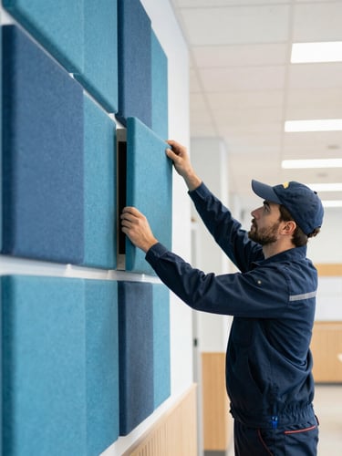 A certified commercial installer in high-vis gear meticulously aligning an Autex acoustic wall panel in a bright modern school hall, crisp architectural lighting.