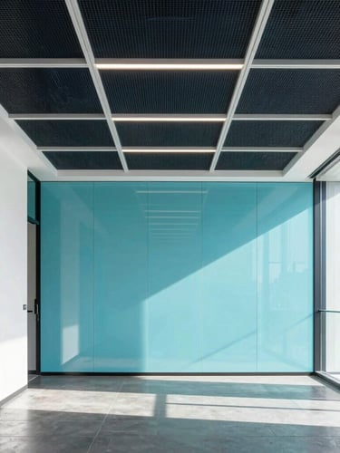 Crisp architectural interior of a modern commercial office in Auckland, showing clean lines of acoustic ceiling grids and Autex wall panels, bright daylight, straight-on elevation