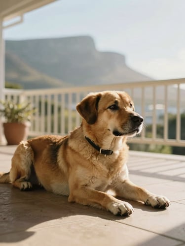 Warm sun-drenched domestic scene on a veranda in Cape Town, a family dog relaxed on the tiles, soft morning light, shallow depth of field.