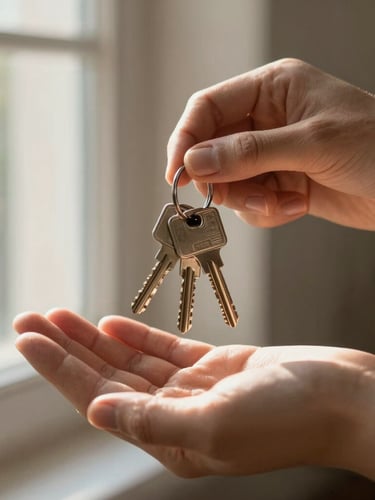 Close-up of warm hands carefully holding a set of house keys, soft morning sunlight filtering through a window, shallow depth of field.