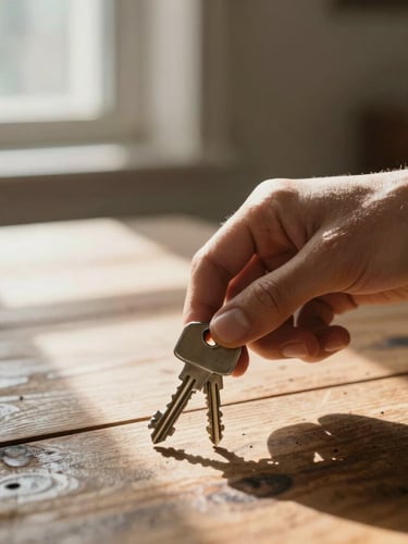 Close-up of hands exchanging keys over a rustic wooden table, warm sunbeams filtering through a window, shallow depth of field.