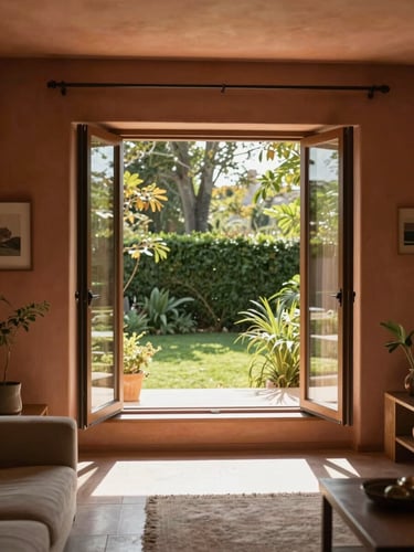 Bright sun-drenched modern living space with open windows looking out to a lush green garden, soft terracotta details in the room, warm morning light.