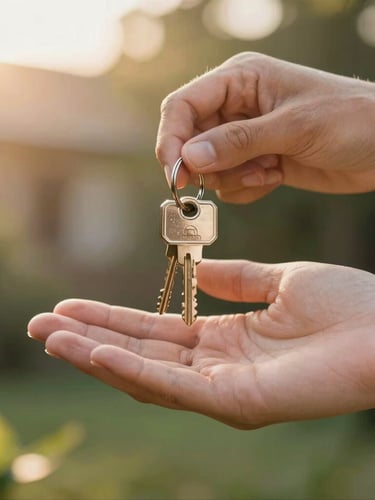 Close-up of hands welcomingly exchanging home keys, soft golden hour light, blurred warm garden background.