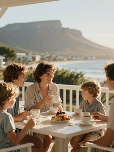 A bright, sun-drenched veranda in Cape Town, a family sharing a relaxed moment with coffee, soft golden hour light, shallow depth of field.