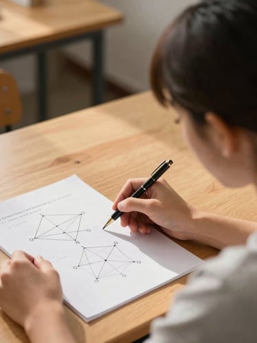 Over-the-shoulder shot of a tutor explaining a geometry concept on paper to a focused student at a warm wooden desk, soft afternoon light.