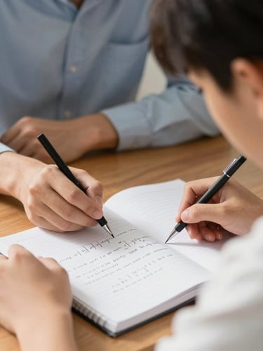 A focused student at a wooden desk writing in a notebook, a tutor pointing to a physics formula on paper, warm afternoon light, close-up over-the-shoulder shot.
