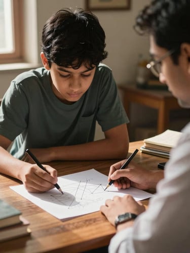 Over-the-shoulder shot of a warm home study desk in Jabalpur, a tutor explaining a geometry concept on paper to a focused teenager, natural afternoon light, high-contrast details.