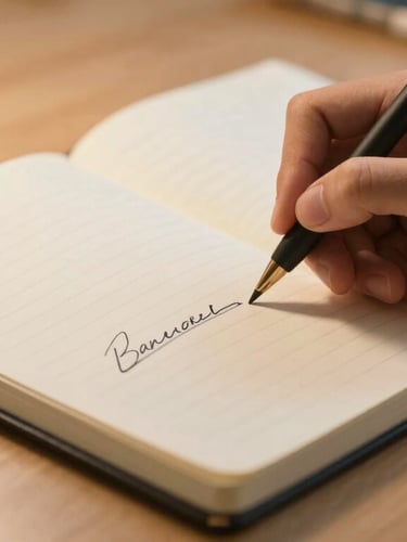 Close-up of a student's hand writing in a notebook with neat ink corrections, a wooden desk surface, warm lamp light