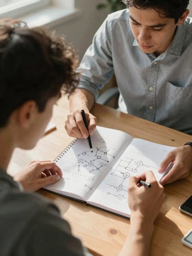 An over-the-shoulder shot of a college student and a tutor analyzing a complex engineering diagram in a notebook, warm afternoon light, natural desk setting.
