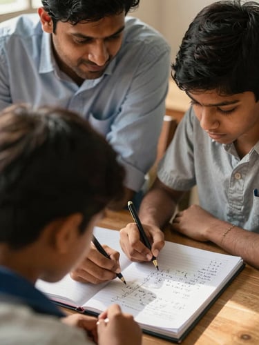 Warm afternoon natural light, an Indian tutor guiding a high-school student through a notebook, close-up on handwritten calculations, supportive atmosphere.