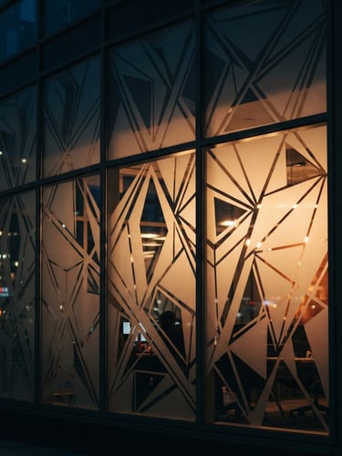 Close-up of high-contrast commercial glass facade at dusk, featuring perfectly applied frosted vinyl graphics with sharp geometric cuts, subtle interior amber light glowing through, dramatic night photography.