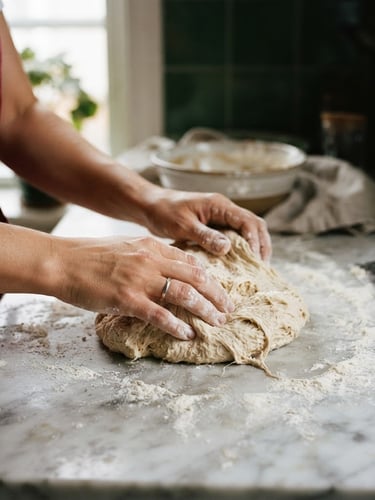 Hands kneading fresh sourdough on a flour-dusted marble counter, soft natural daylight from a side window, shallow depth of field, 35mm