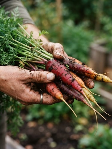 Tactile close-up of soil-covered hands holding freshly harvested heirloom carrots, soft Scandinavian morning light, deep green foliage details, 35mm photography.