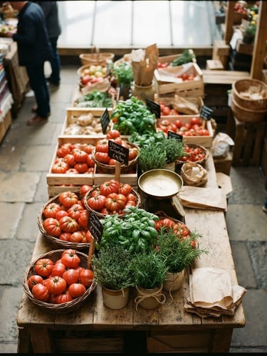 Tactile overhead shot of a bustling indoor market hall, wooden tables, soft natural light, fresh green herbs and red tomatoes on display, 35mm photography