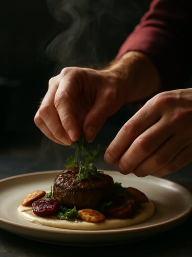 Close-up of a chef's hands carefully arranging fresh herbs on top of a plated dish, steam rising, dark moody kitchen background, natural light, 35mm.