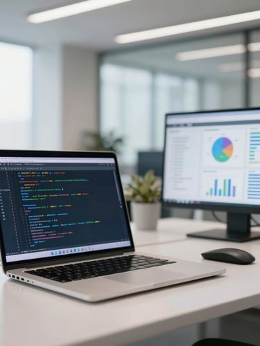 A bright corporate workspace with clean architectural lines, professional depth of field, cool screen glow from a laptop displaying code next to marketing analytics dashboards, daylight.