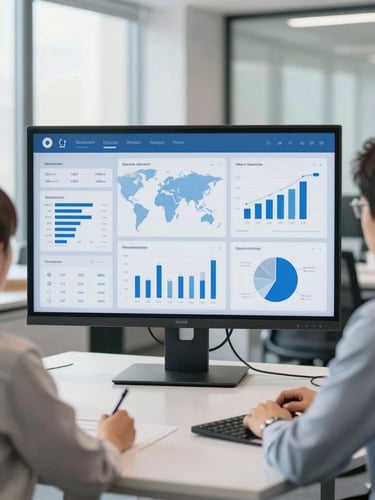 Clean corporate photography of a modern bright collaborative workspace, professional team analyzing marketing dashboards on a large screen, daylight, sharp focus, professional depth of field.