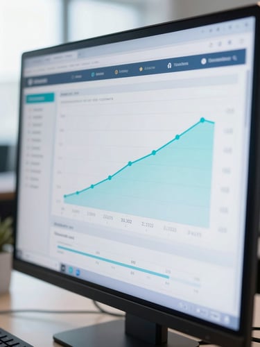 Macro shot of a clean analytics dashboard displaying conversion rates on a high-resolution screen, cool blue and teal glow, razor-sharp focus