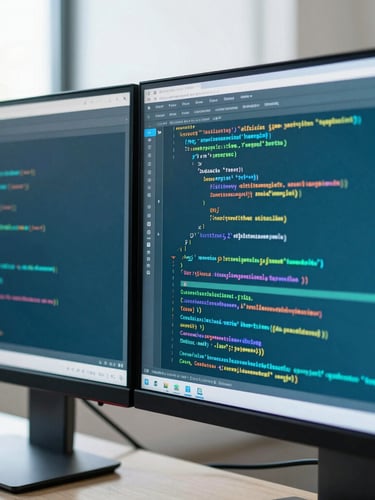 Macro shot of dual monitors displaying clean code and real-time data integration flows, cool teal screen glow, sharp focus, professional depth of field