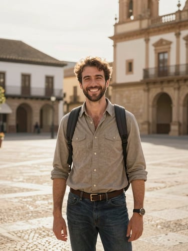 A warm portrait of a friendly local guide smiling in a sunlit historic town square in Spain, candid and professional, warm editorial travel photography