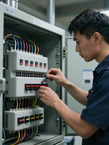 A certified technician assembling a complex industrial electrical distribution board, clean wiring layout, cool high-contrast workshop lighting, sharp focus.