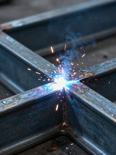 Close-up of industrial steel structural beams being welded, bright sparks, cool metallic blue tones, sharp focus on the weld bead