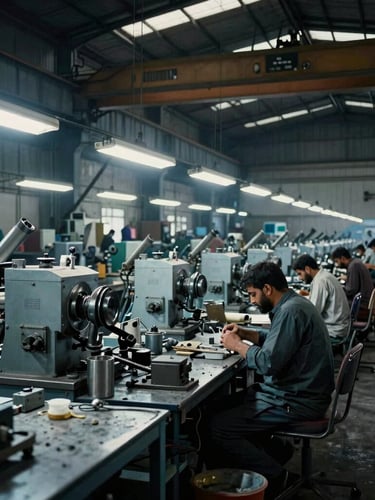 Wide environmental shot of a busy Pakistani manufacturing floor, dramatic cool steel lighting, overhead crane visible, sharp focus