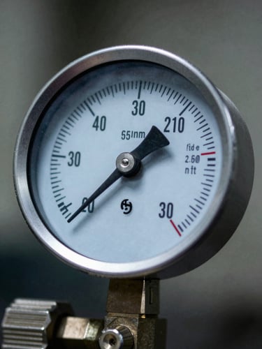 Macro close-up of a high-pressure industrial gauge with cool steel tones, dramatic workshop lighting, sharp focus, 35mm lens
